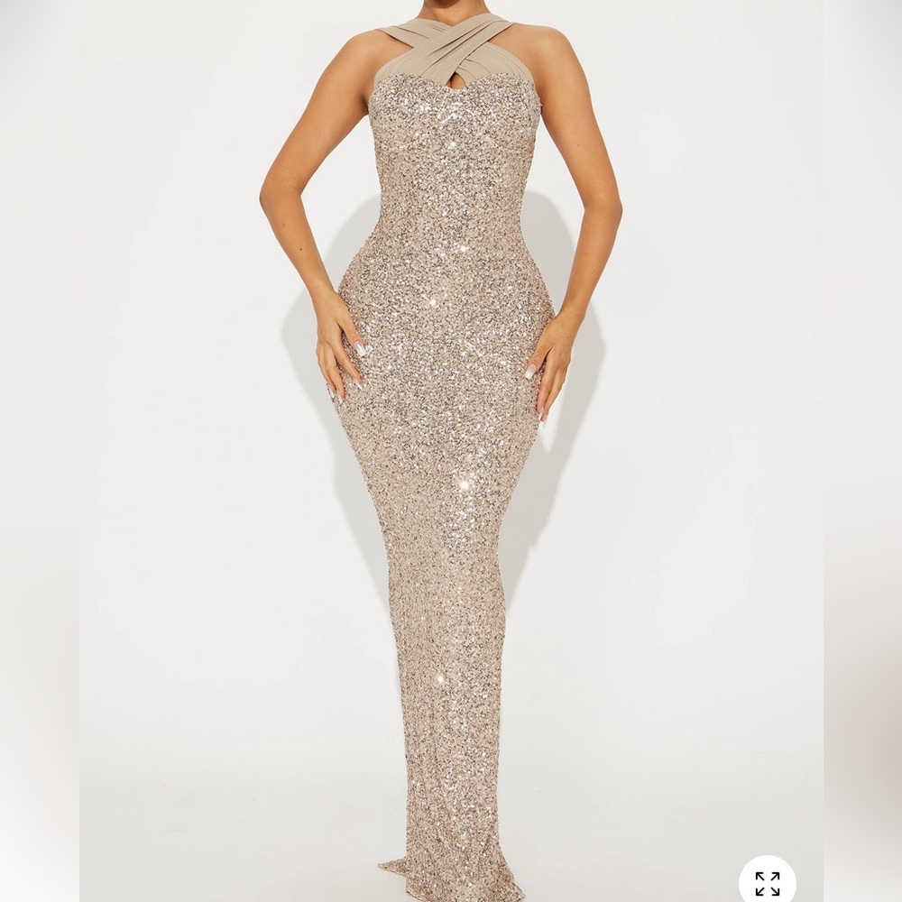 Gold Sequin Halter Evening Gown